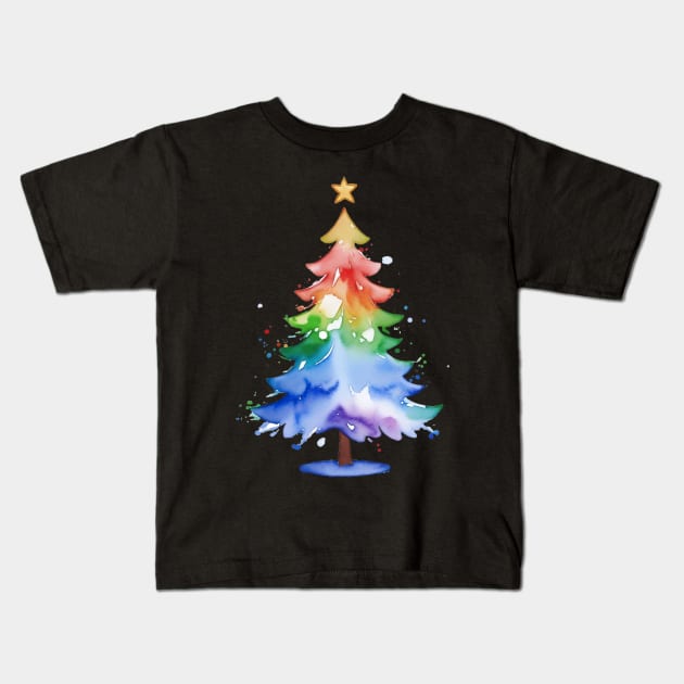 Gradient Watercolor Rainbow Christmas Tree Gay Pride T-Shirt Kids T-Shirt by Gold Dust Publishing